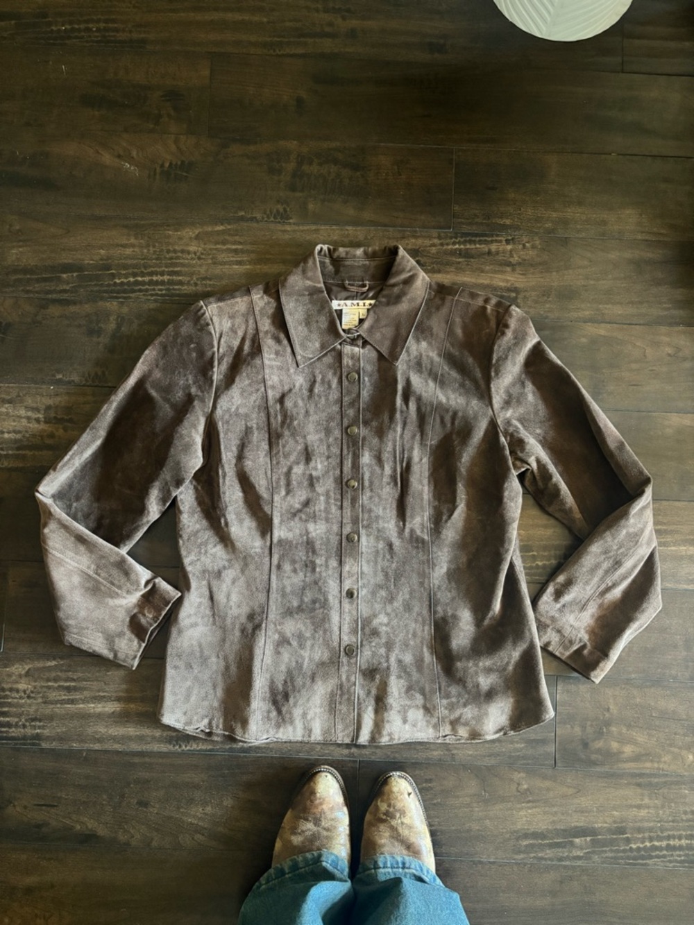 70s Ami Button-Front Suede Shirt Jacket - Brown
